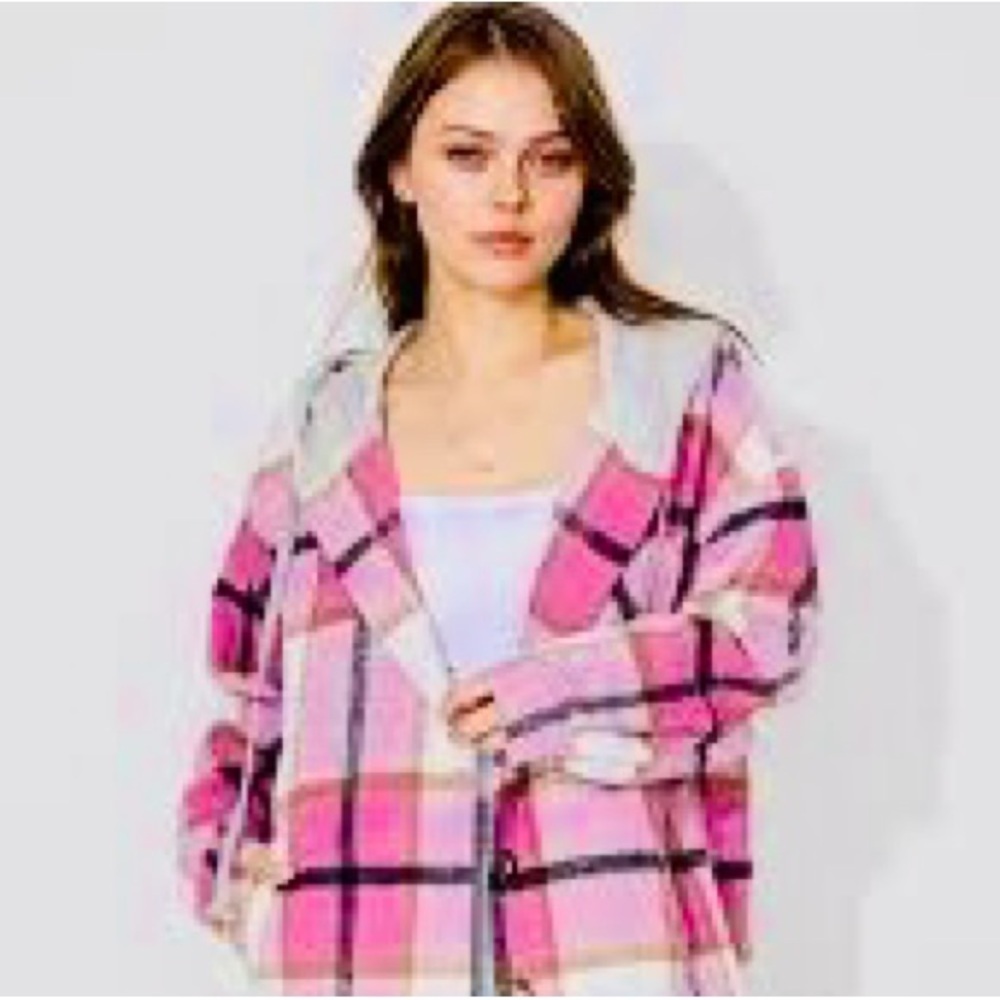 Pink Plaid Jacket with hoodie Size small
